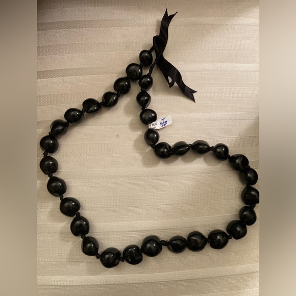 Natural Hawaiian Kukui Nut Necklace; Handknotted on Ribbon; Adjustable - Picture 3 of 5